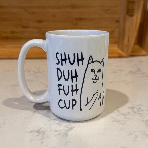 Shuh Duh Fuh Cup cool cat mug, cat giving middle finger white black gift - Picture 2 of 5